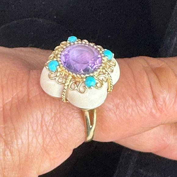 14K Yellow Gold Bezel Amethyst Turquoise and Quatrefoil White Agate Ring S 6.5 - Picture 1 of 16